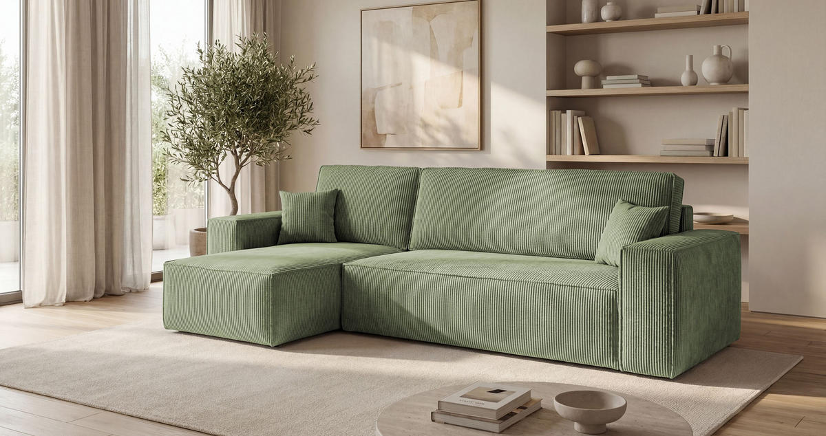 ROHOVÁ pohovka CALIFORNIA MINI levá světle zelená manšestr Poso 47 - funkce spaní, úložný prostor - světle zelená, textil (245/140cm) - Cornero