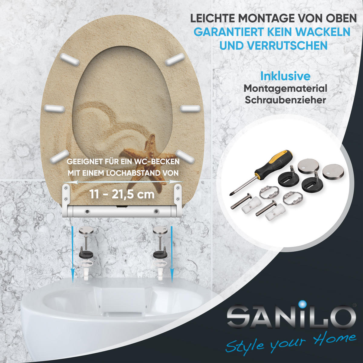 WC-SITZ mit Absenkautomatik & Top Fix Sandy - Braun, Holzwerkstoff (37.7/5.5/48cm) - Sanilo
