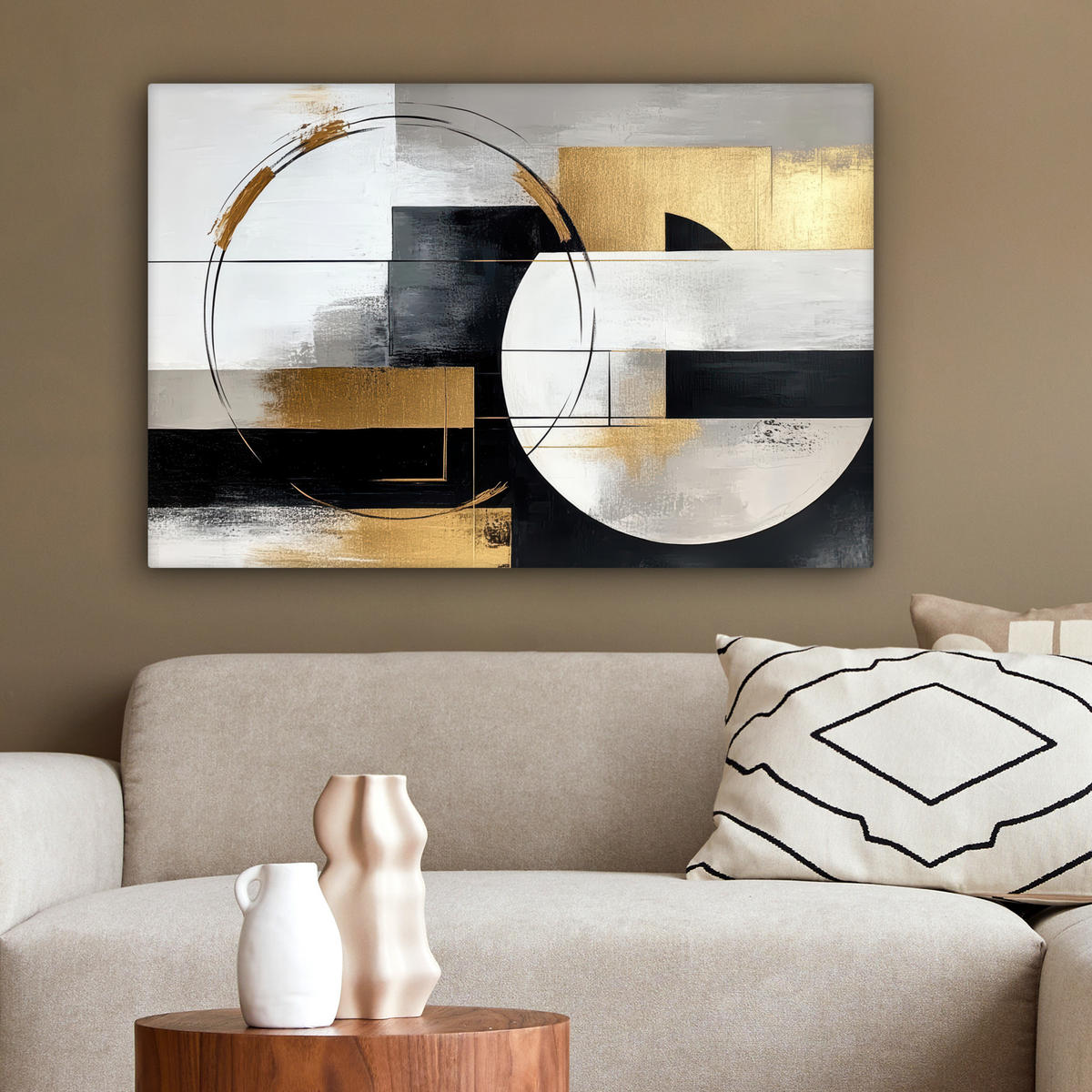 LEINWANDBILD - Abstrakt - Gold - Silber - Formen - Ästhetik - 90x60 - Deko Wohnzimmer - Multicolor, Textil (90/60cm) - MuchoWow