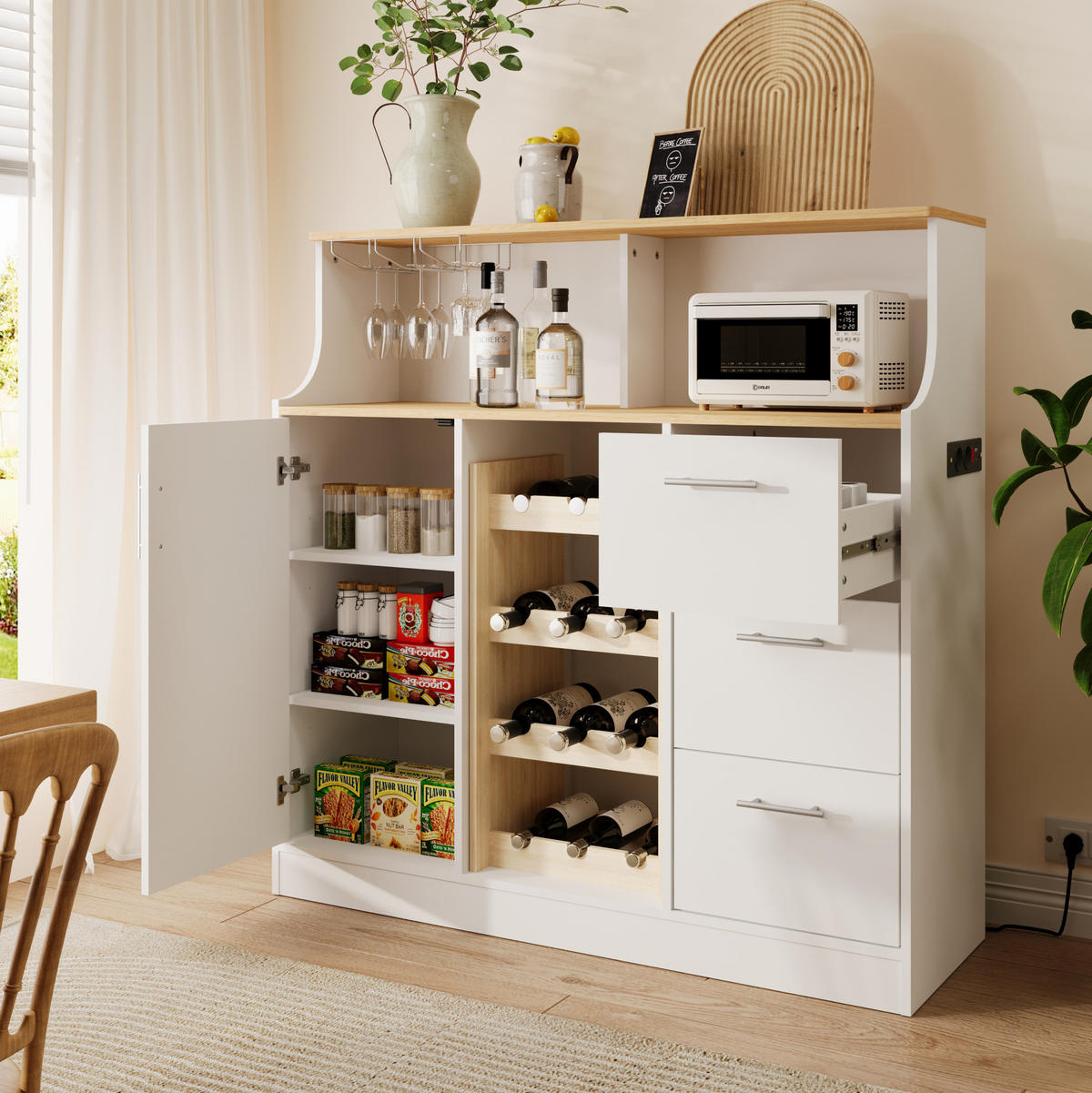 KUHINJSKI ormarić 120/40/121 cm bijeli i natur od MDF-a s LED rasvjetom i stalkom za vino - bijela, drvni materijal (120/121/40cm) - OKWISH