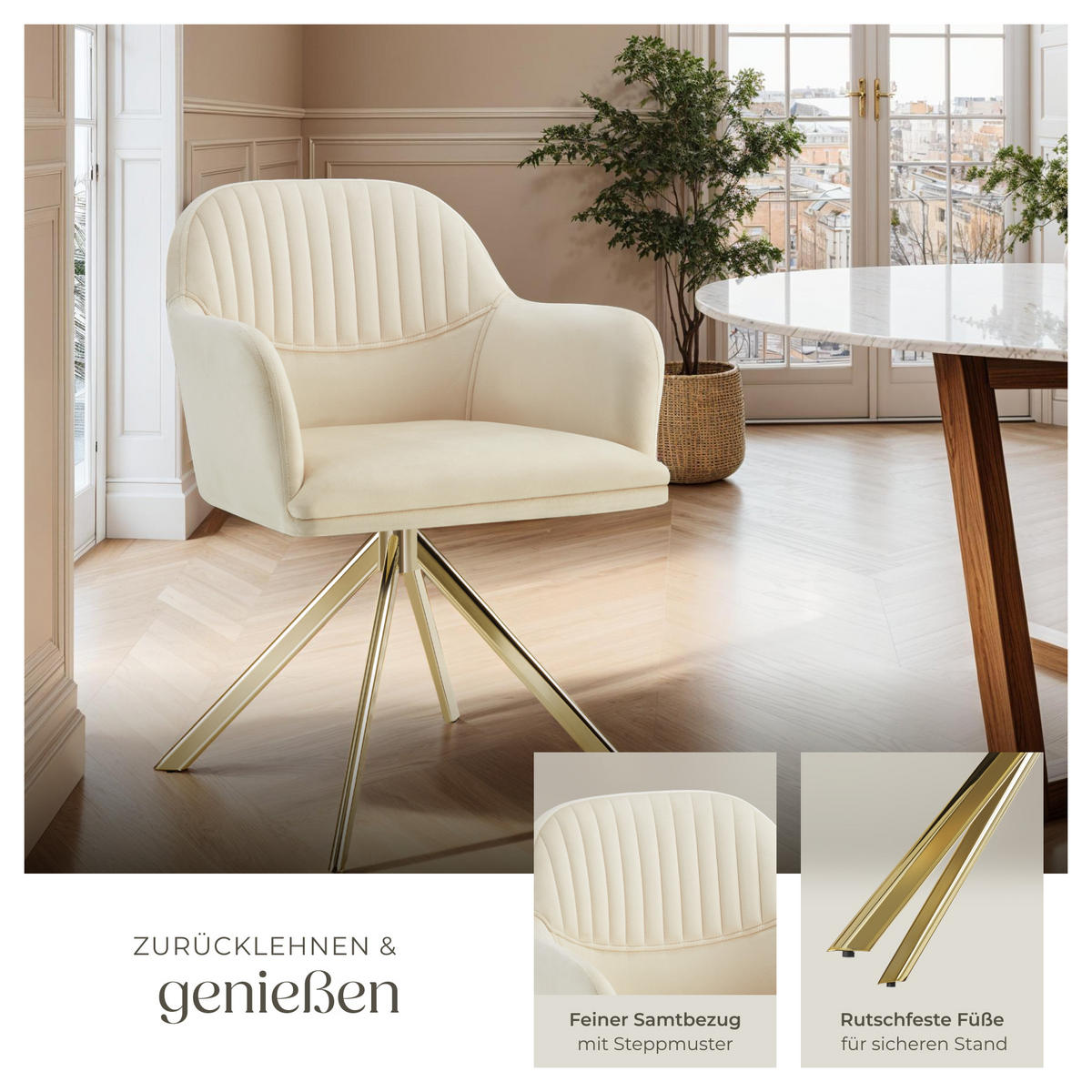 DREHSTUHL Lona 56 x 59 x 81 cm créme/gold - Goldfarben/Creme, Textil (56/81/59cm) - tectake