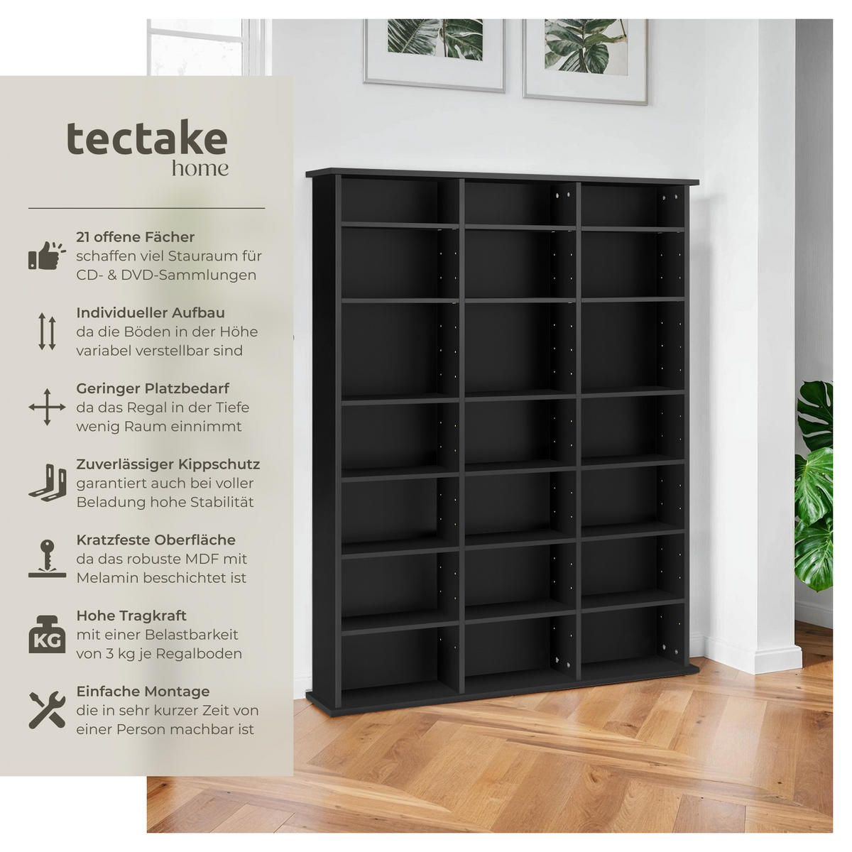 CD/DVD Regal Stevie,105,5 x 19 x 136,5 cm,schwarz - Schwarz, Holz (19/136.5/105.5cm) - tectake