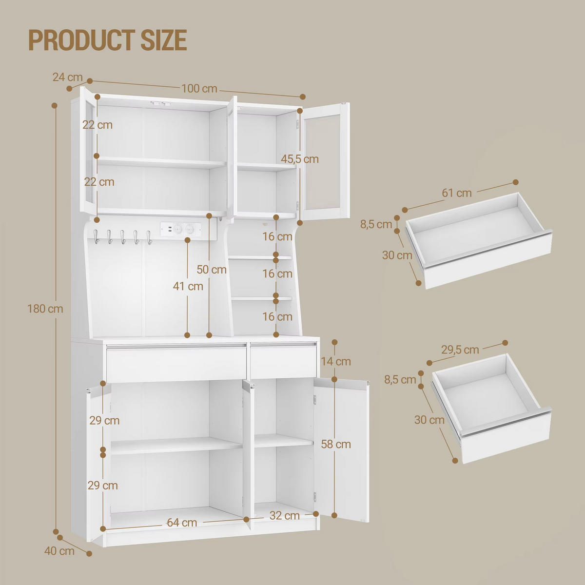 BUFFET Küche LED Licht Steckdosen 2 Schubladen Stauraum - Weiß, Holz (40/180/100cm) - Kaket