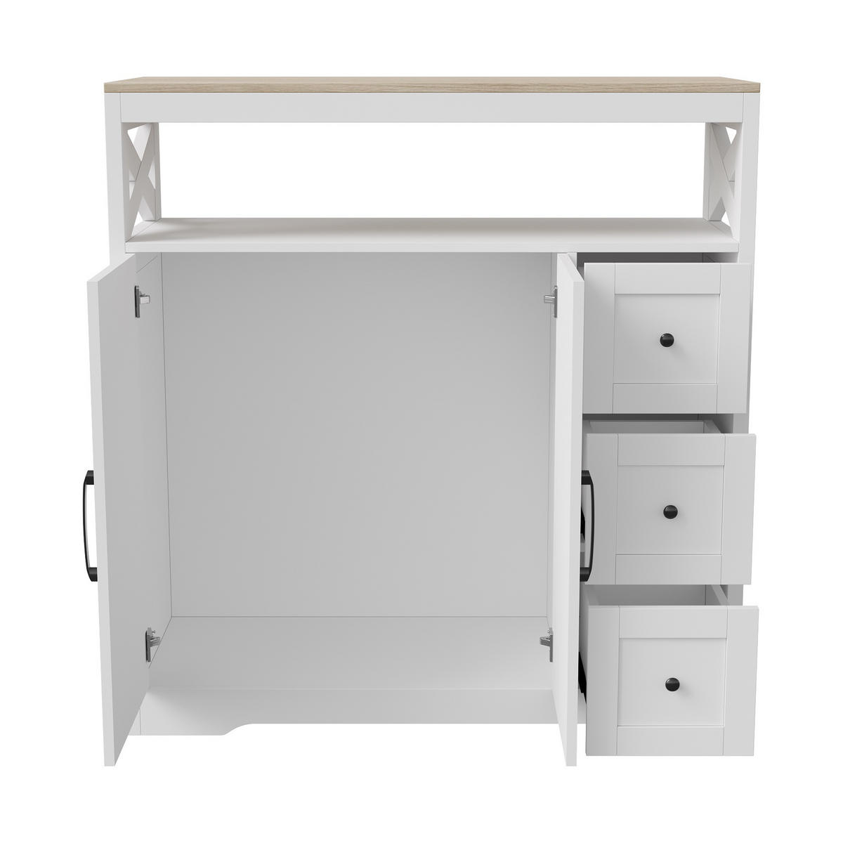 SIDEBOARD 100 cm, Skandinavischer Stil mit Kreuzdekoration, 3 Schubladen, 2 Türen und offenen Regalen, Weiß - Weiß, Holzwerkstoff (100/40/105cm) - Waldena