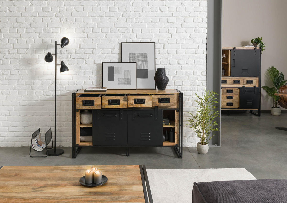 SIDEBOARD Mango 150x45x90 natur klar lackiert / Metall schwarz BLACKBURN #110 - Braun, Holz (150/90/45cm) - Massivmoebel24