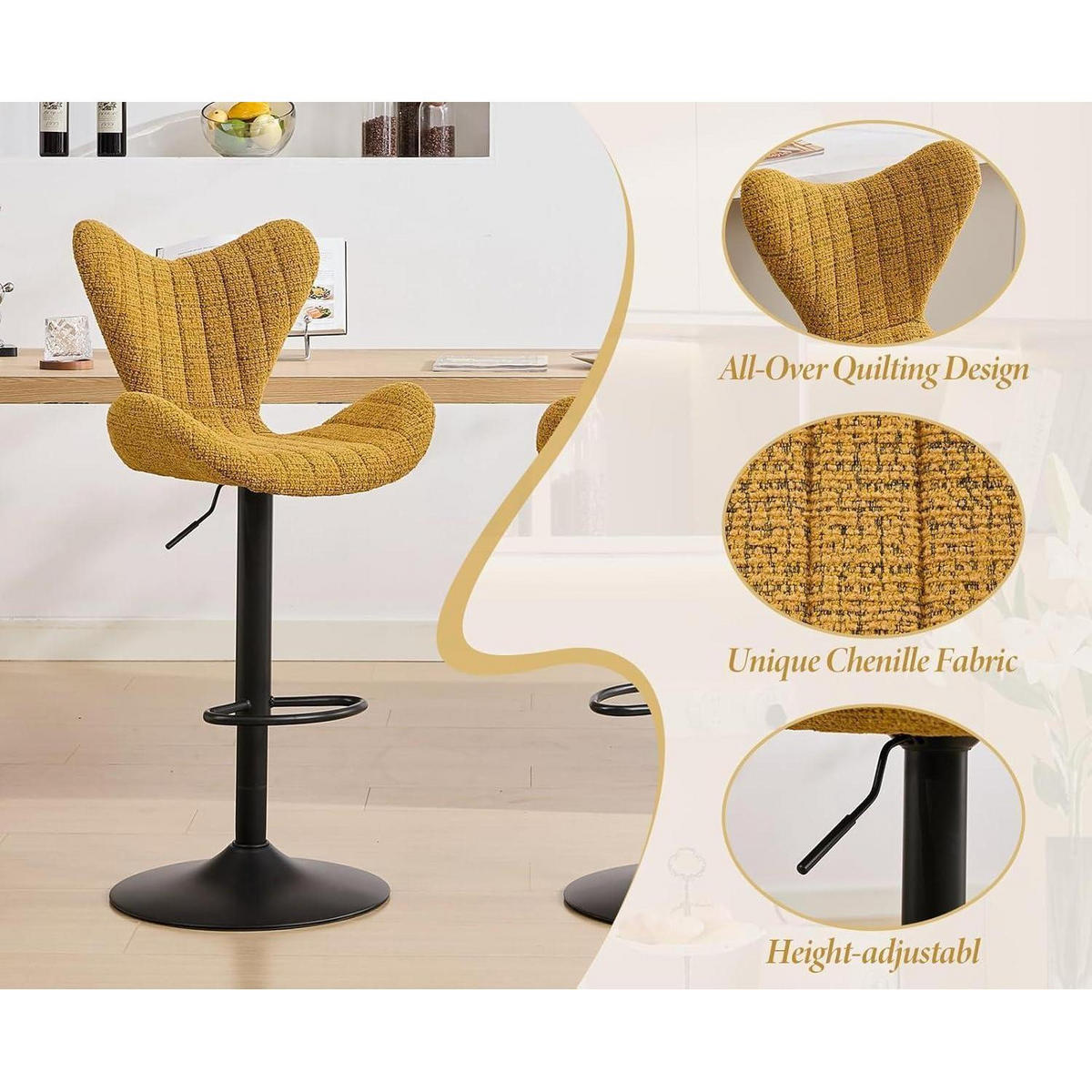 BARHOCKER 4er Set Höhenverstellbar Drehbar Gelb Chenille - Gelb, Textil (51/95/54cm)