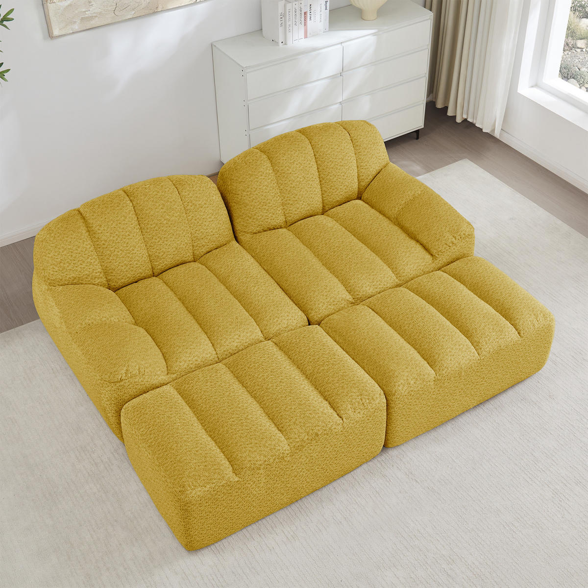 2-SITZER SOFA Granulierter Fleece Gelb mit 2 Ottomans - Gelb, Textil (210/79/165cm) - WISHDOR