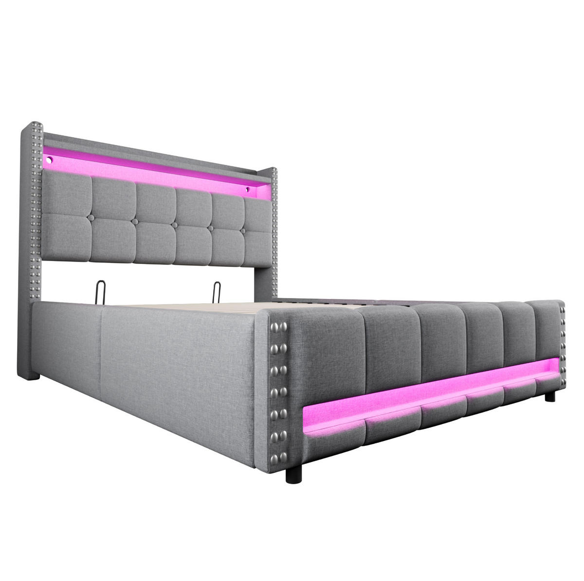 ČALÚNENÁ posteľ z ľanovej látky 140x200 cm svetlosivá s LED osvetlením, USB portom a úložným priestorom - svetlosivá, textil (140/200cm) - Modfu
