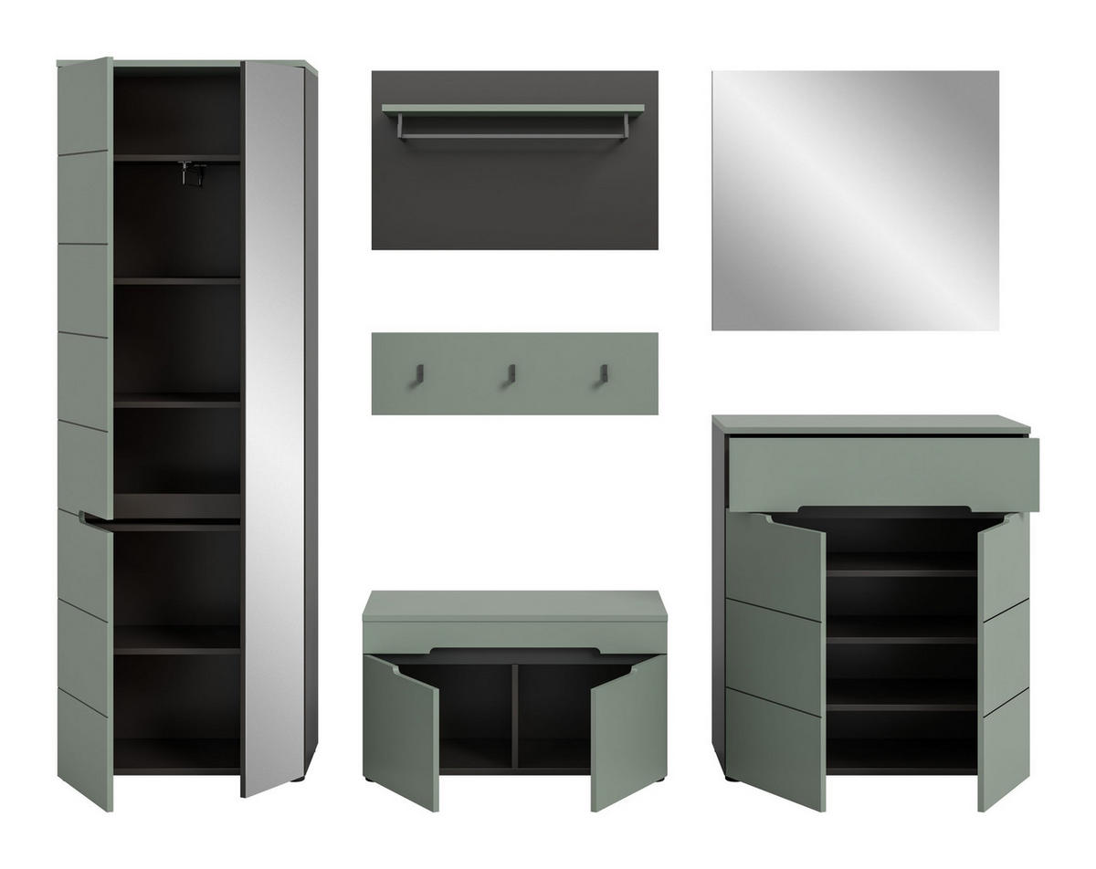 GARDEROBE Nova 5-tlg. (B/H/T: ca. 255/190/37 cm) in Basalt grau/Smoke Green - Grau, Holzwerkstoff (255/190/37cm)