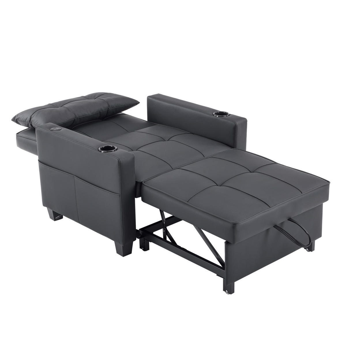 SCHLAFSESSEL aus Holz und Metall Schwarz 3-in-1 mit verstellbarer Rückenlehne, USB-Anschluss und Getränkehaltern - Schwarz, Holz (87/84/74cm) - Modfu