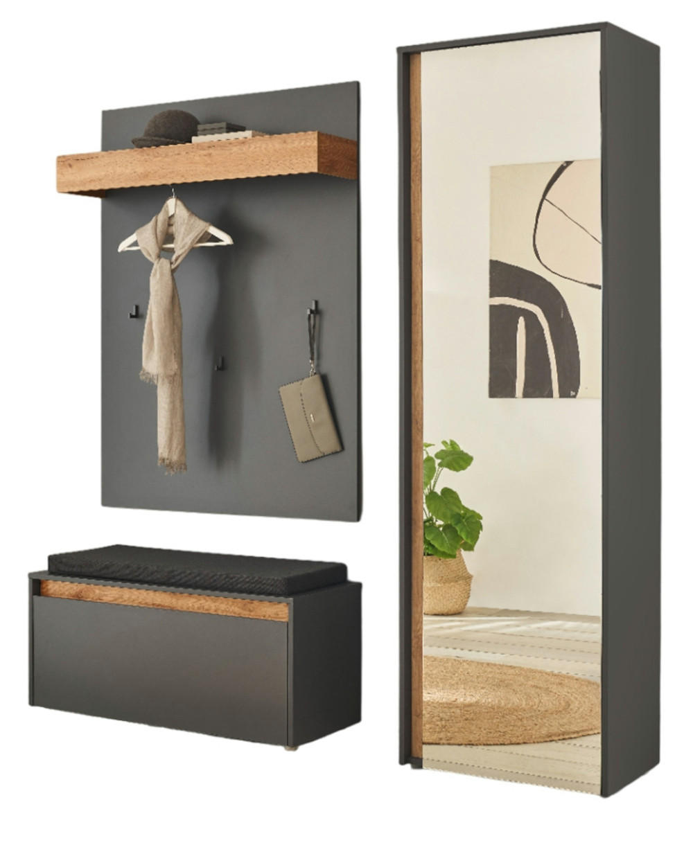 GARDEROBEN-SET 4-teilig grau, Eiche Wotan 170 cm, Garderobenkombination inklusive Sitzkissen - Silberfarben/Eiche Wotan, Glas/Holzwerkstoff (170/200/40cm) - Furn.Design
