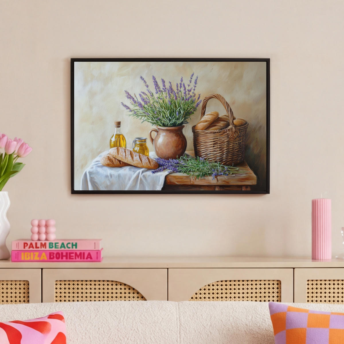 LEINWAND Bilder mit Rahmen - Lavendel - Brot - Stilleben - 60x40 - Flieder, Textil (60/40cm) - MuchoWow