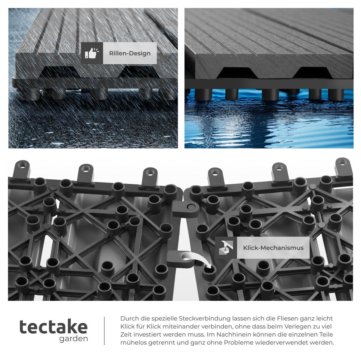 TERRASSENFLIESEN Tegulas,31 x 31 x 2,2 cm,grau - Grau, Kunststoff (31/31/2.2cm) - tectake