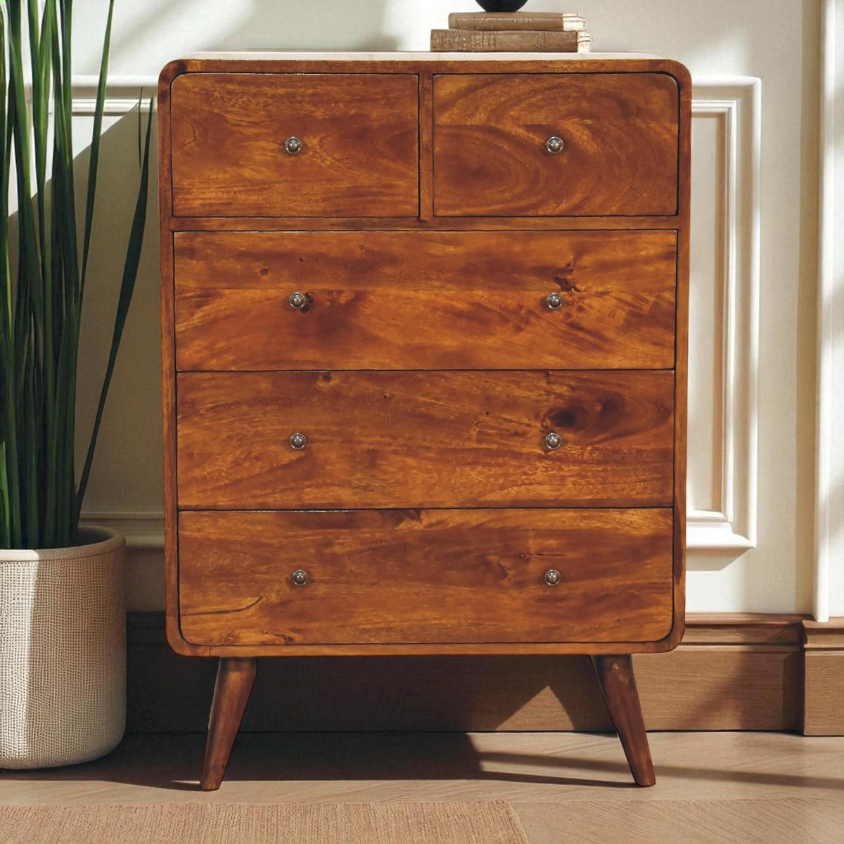 KOMMODE Stella, 2 über 3 Schubladen, Nordische Beine, Braun - Messingfarben/Braun, Holz/Metall (70/98/35cm) - Artisan Furniture