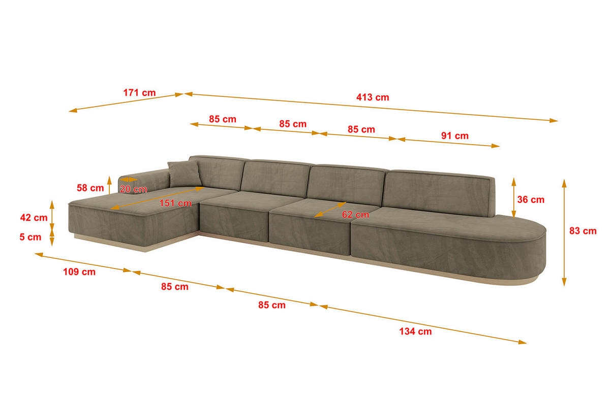 ECKSOFA Ottomane Links IREA-L3 - 413x171x83 cm Braun - Braun, Holzwerkstoff/Textil (413/171cm) - ALTDECOR