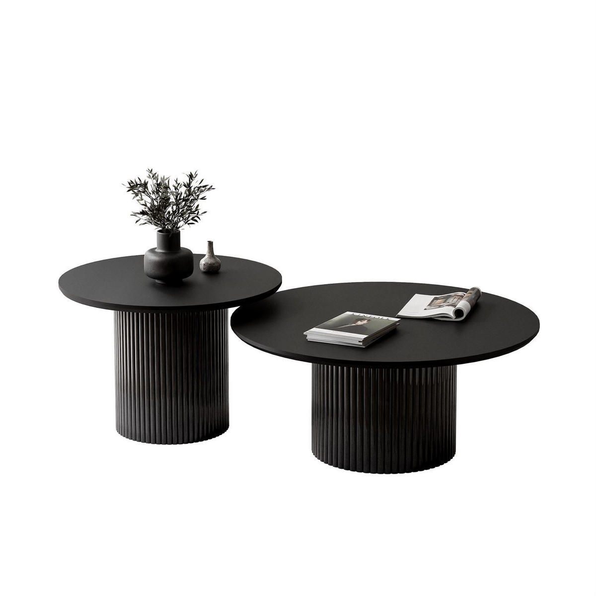 COUCHTISCH-SET OVI mit geriffeltem Sockel - Schwarz, Holzwerkstoff (80/80/42cm) - Lookway