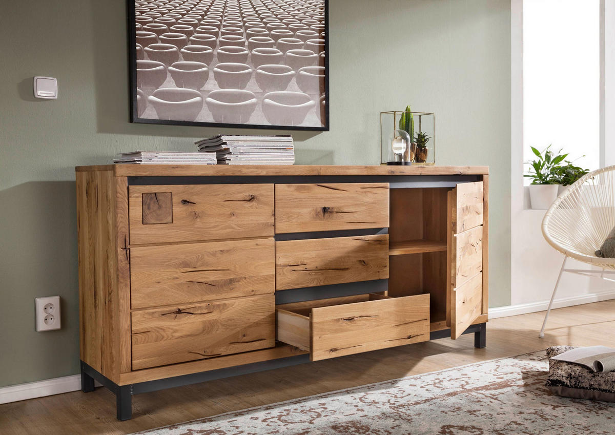 SIDEBOARD Wildeiche 175x45x85 natur geölt VILLANDERS #109 - Braun, Holz (175/85/45cm) - Massivmoebel24