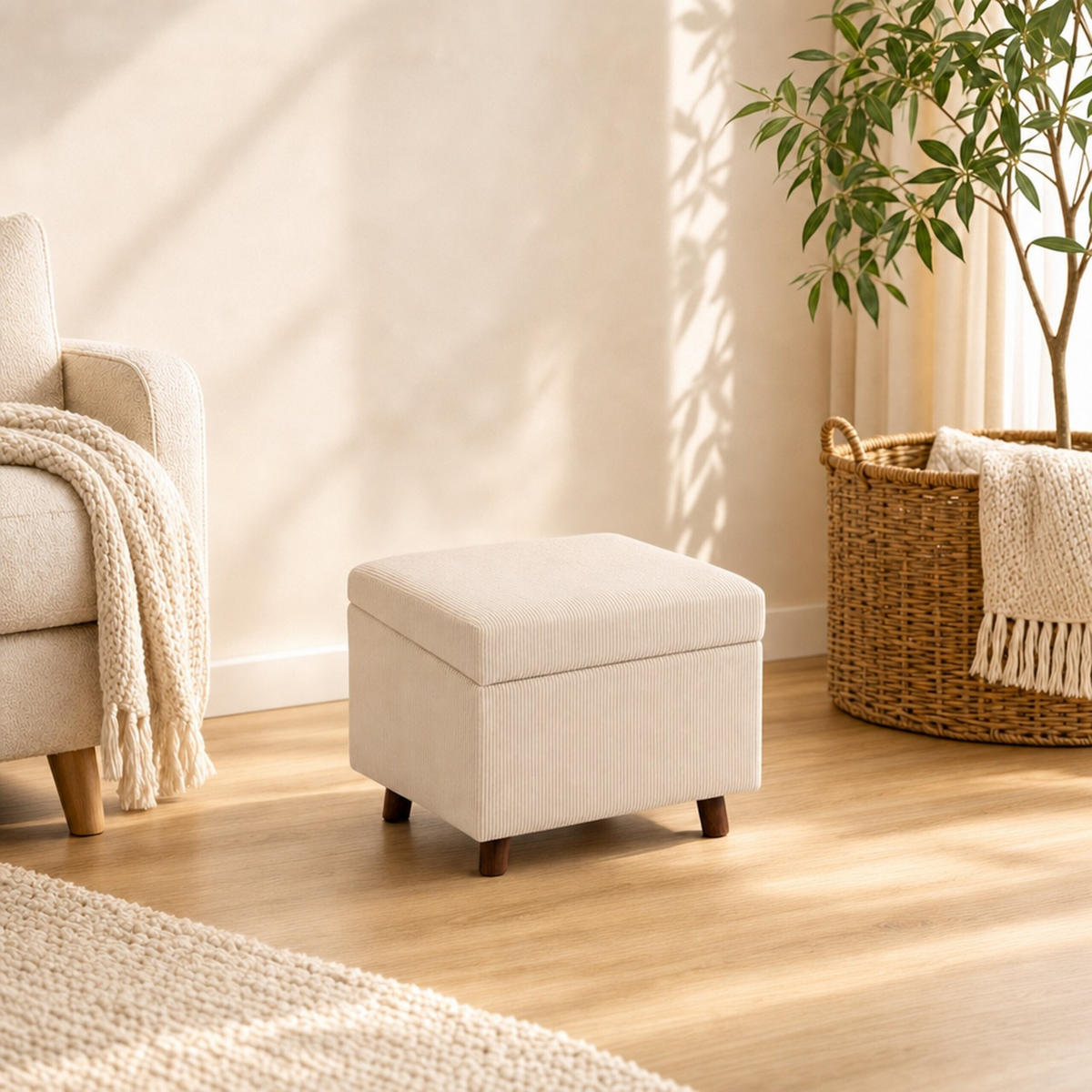 TABURET Bej catifea reiată cu spațiu de depozitare 40 cm - bej, material textil/compozit lemnos (46/40/40cm) - Relaxdays