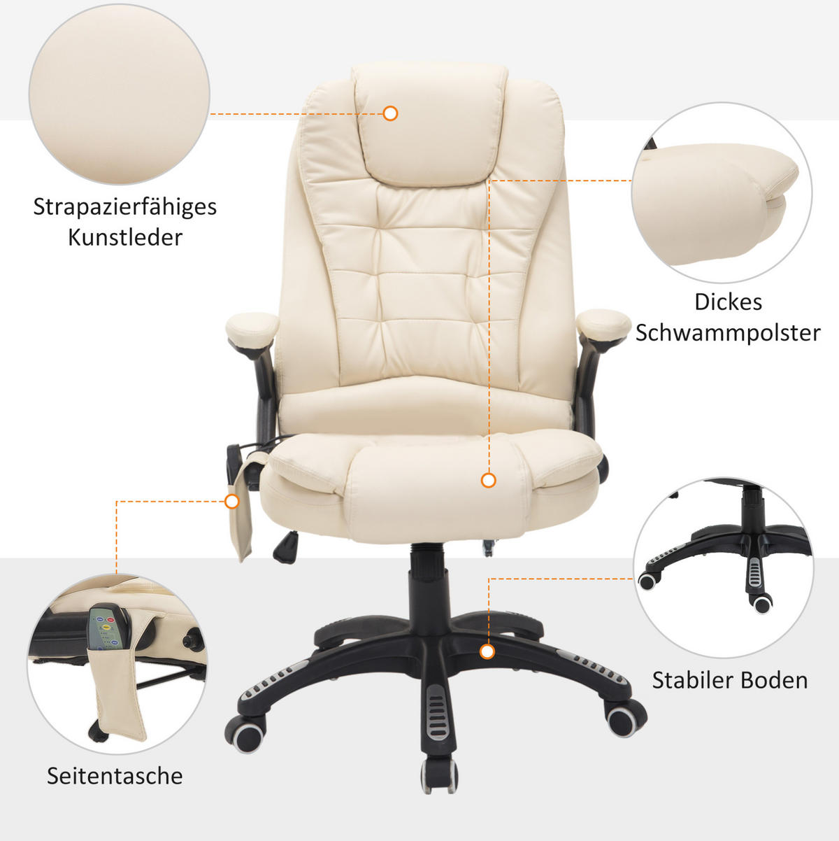 CHEFSESSEL 54/44-54 cm Beige aus Bonded Leather mit Massagefunktion und Wärmefunktion - Beige, Kunststoff (68/121/62cm) - OKMYHOME