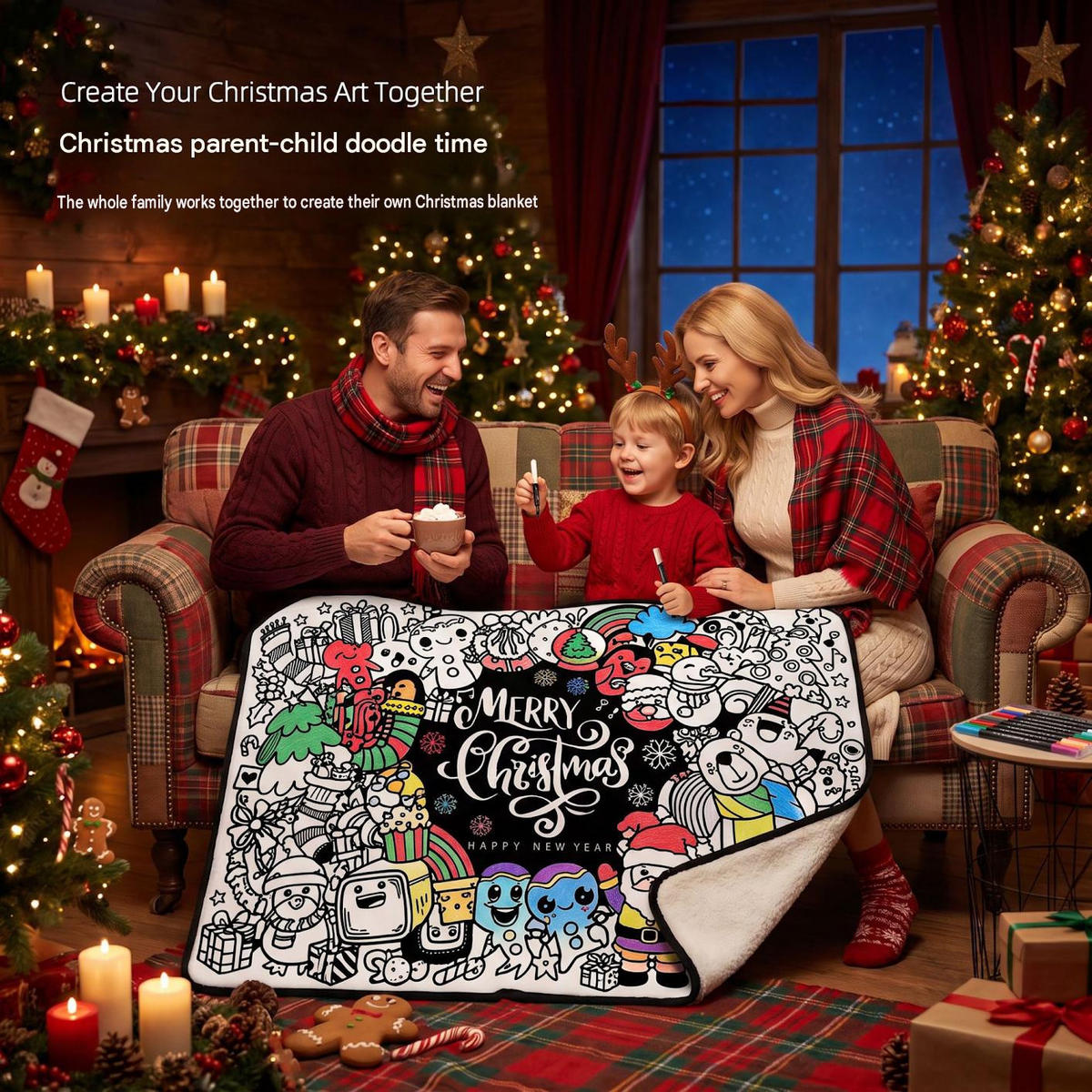 DECKE – DIY-Weihnachts-Doodle – 100 x 140 cm – Weiß - Weiß, Textil (100/140cm)