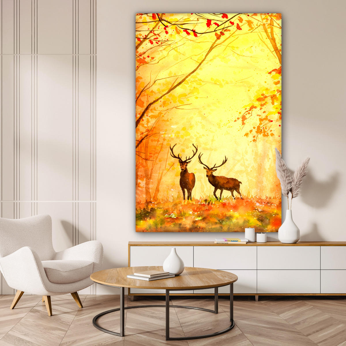 SLIKA NA PLATNU Jeleni 90x140 cm - oranžna, tekstil (90/140cm) - MuchoWow