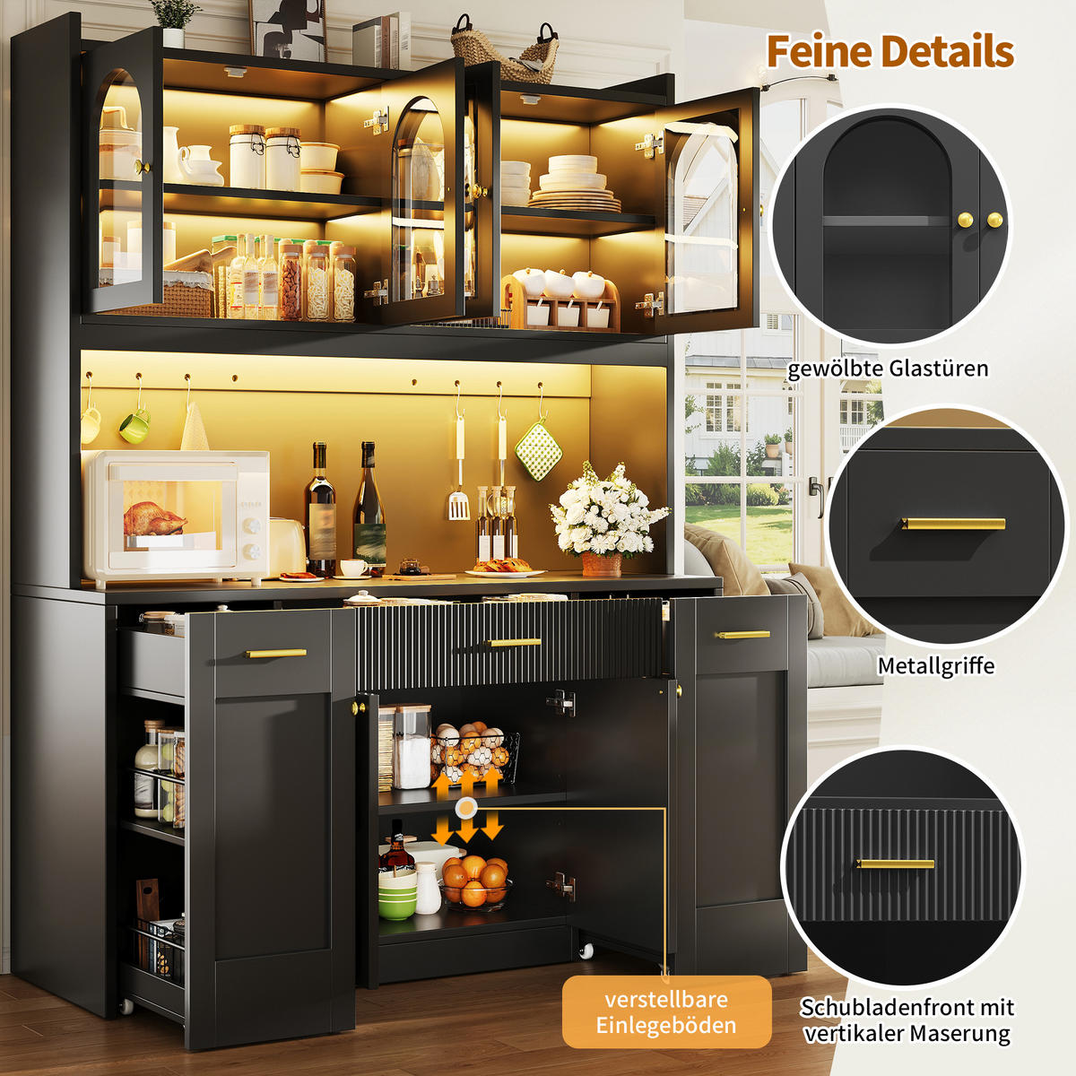 HIGHBOARD Schwarz 120×40×187 cm mit RGB-LED und Glasvitrinen aus Holzwerkstoff - Schwarz, Holzwerkstoff (120/187/40cm) - Luhomfu