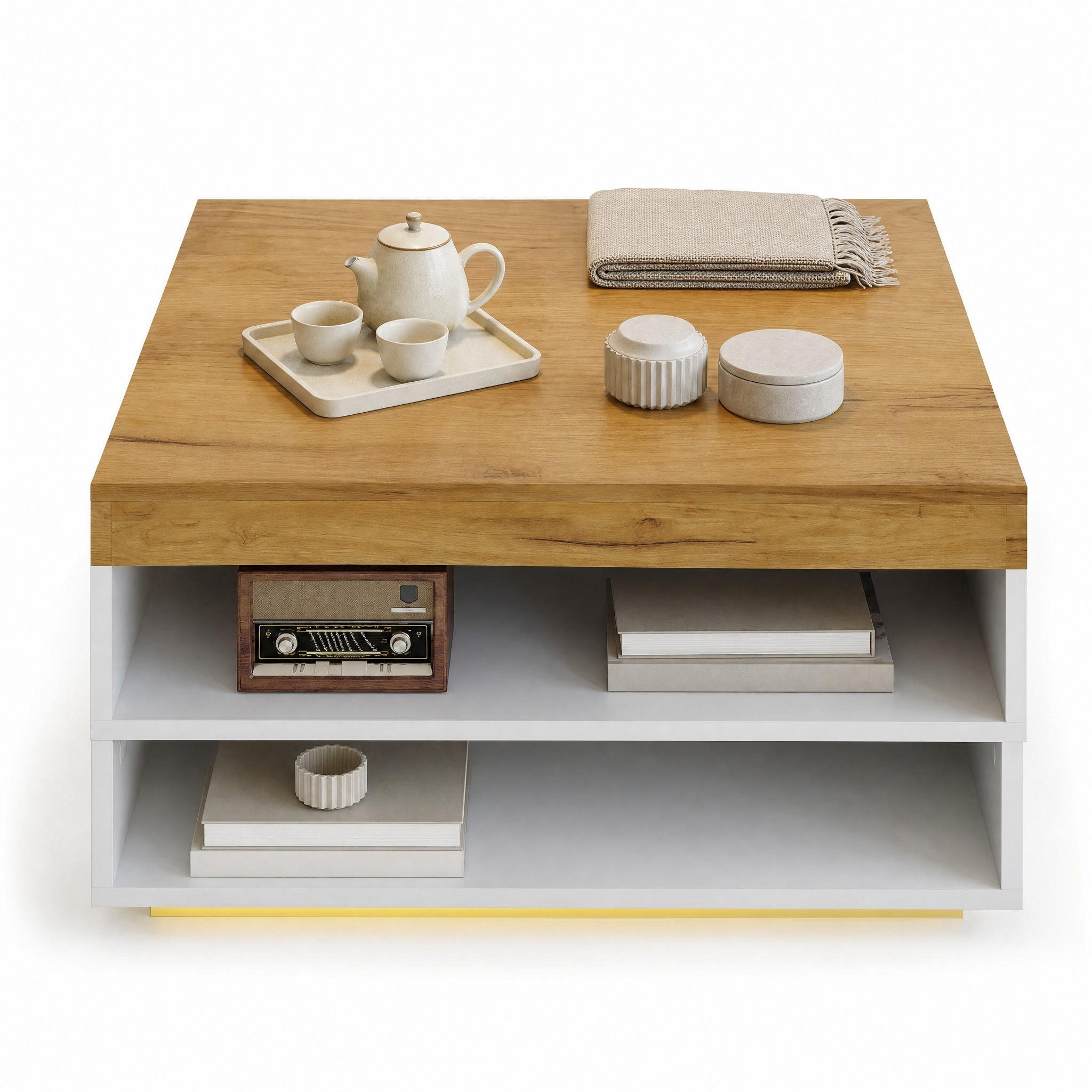 COUCHTISCH in Weiß Sofatisch mit 360° drehbarer Tischplatte, LED-Beleuchtung & Stauraum, B65/T65/H40cm - Weiß/Naturfarben, Holzwerkstoff/Metall (65/65/40cm) - STILVORA
