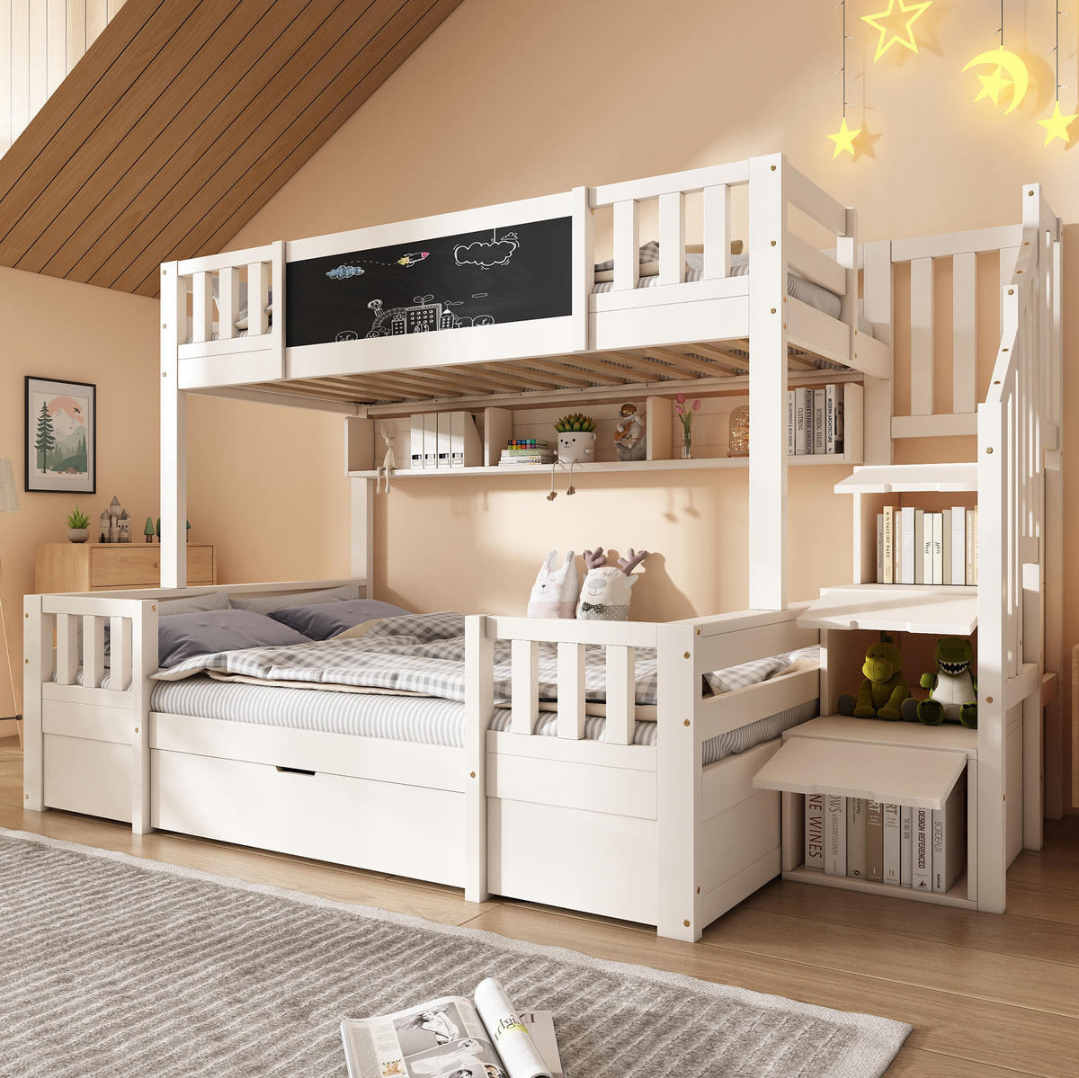 ETAGENBETT 90/200 & 140/200 cm aus Holz mit Stauraumtreppe und Kreidetafel, Weiß - Weiß, Holzwerkstoff (90/200cm) - Flora Grace