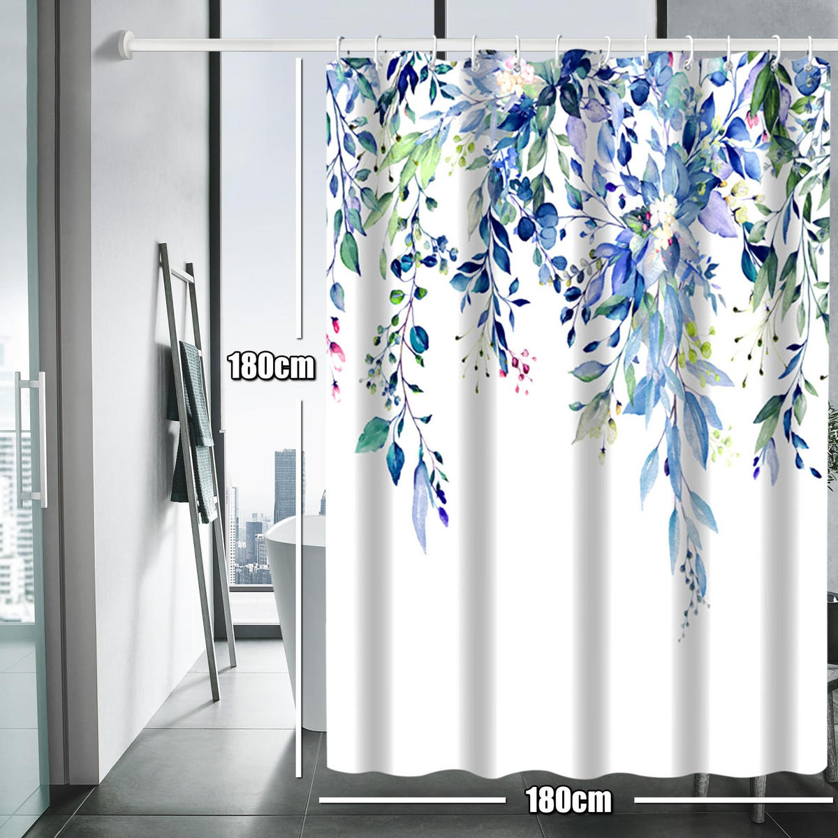 DUSCHVORHANG Blumen schimmelresistent mit Haken beschwerter Saum - Blau, Textil (180/180cm) - MCBOSON