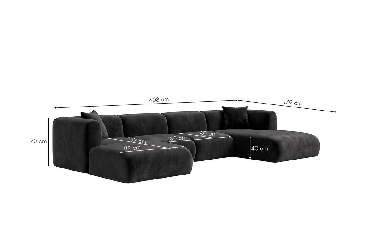 ECKSOFA U-Form, Velvet-Stoff Bluvel, Schwarz, GRETA - Schwarz, Holz (408/70/179cm) - Kaiser Möbel