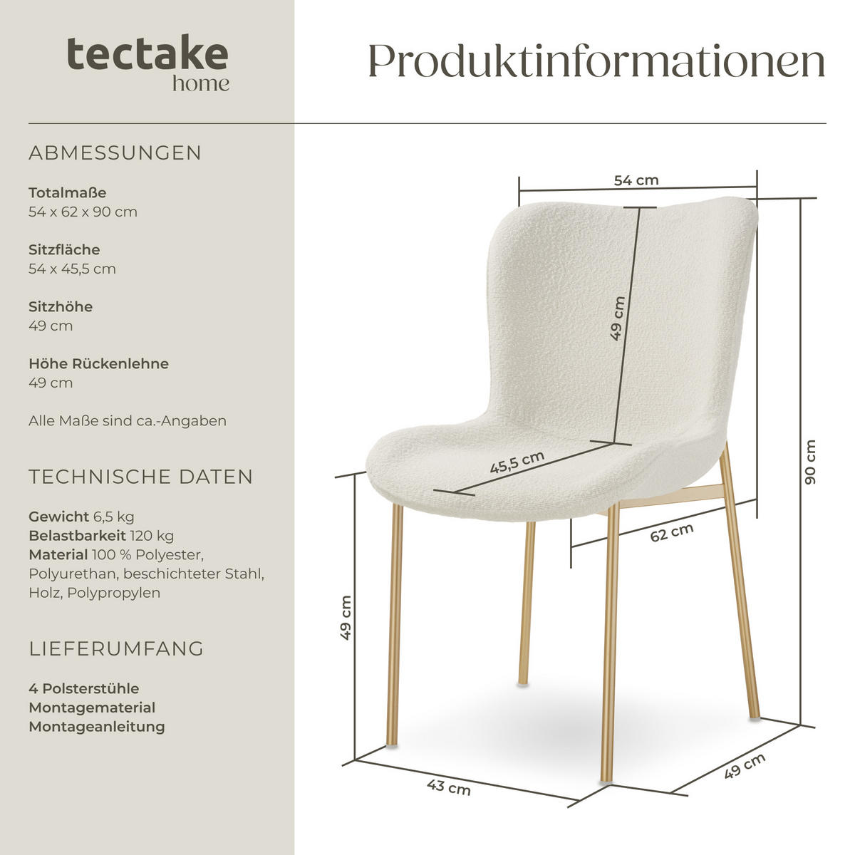 POLSTERSTUHL 4er Set Tessa 54 x 62 x 90 cm Bouclé weiß/gold - Goldfarben/Weiß, Kunststoff (54/90/62cm) - tectake