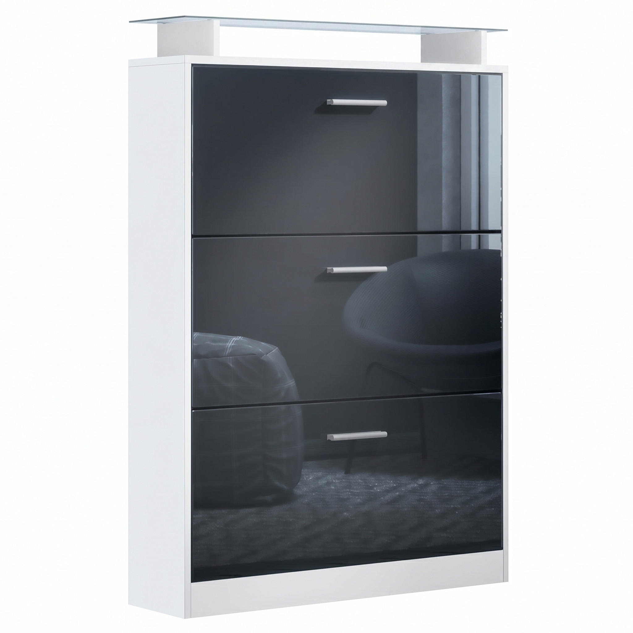 SCHUHSCHRANK Lavia Front in Schwarz Hochglanz - Schwarz Hochglanz, Holzwerkstoff (89/128/23cm) - Vladon