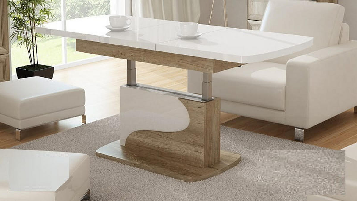 COUCHTISCH rechteckig Weiß Hochglanz - Eiche Gold ausziehbar höhenverstellbar - Weiß Hochglanz/Eichefarben, Holzwerkstoff (70/120/58cm) - designimpex