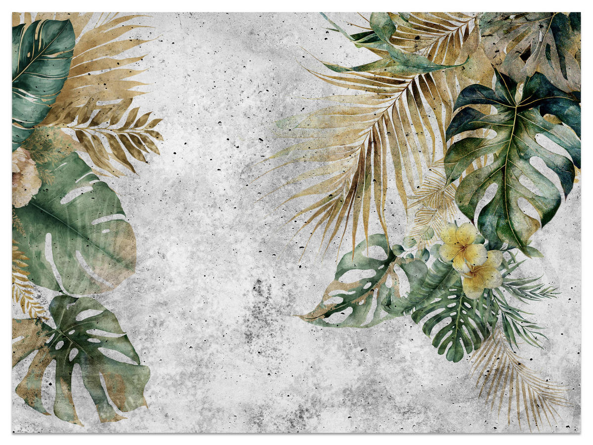 FOTOTAPETE für Wohnzimmer Tropische Blätter Blumen auf Grauer Beton 150x105 - Braun/Grau, Papier (150/105cm) - Muralo
