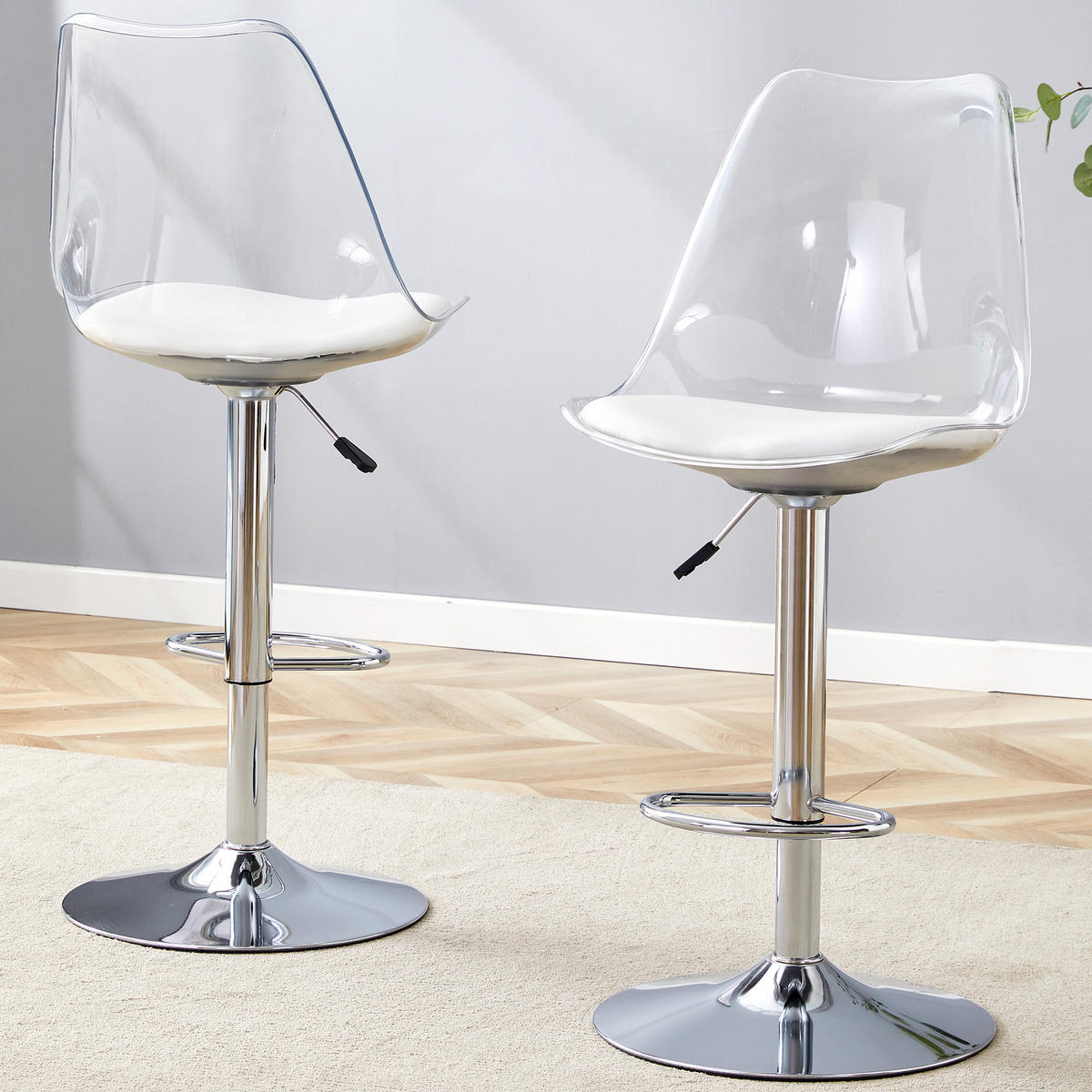 BARHOCKER 2er-Set Silber & Transparent Höhenverstellbar Drehbar mit PU-Leder - Silberfarben, Metall (45.7/99/53.3cm) - PANGIVO