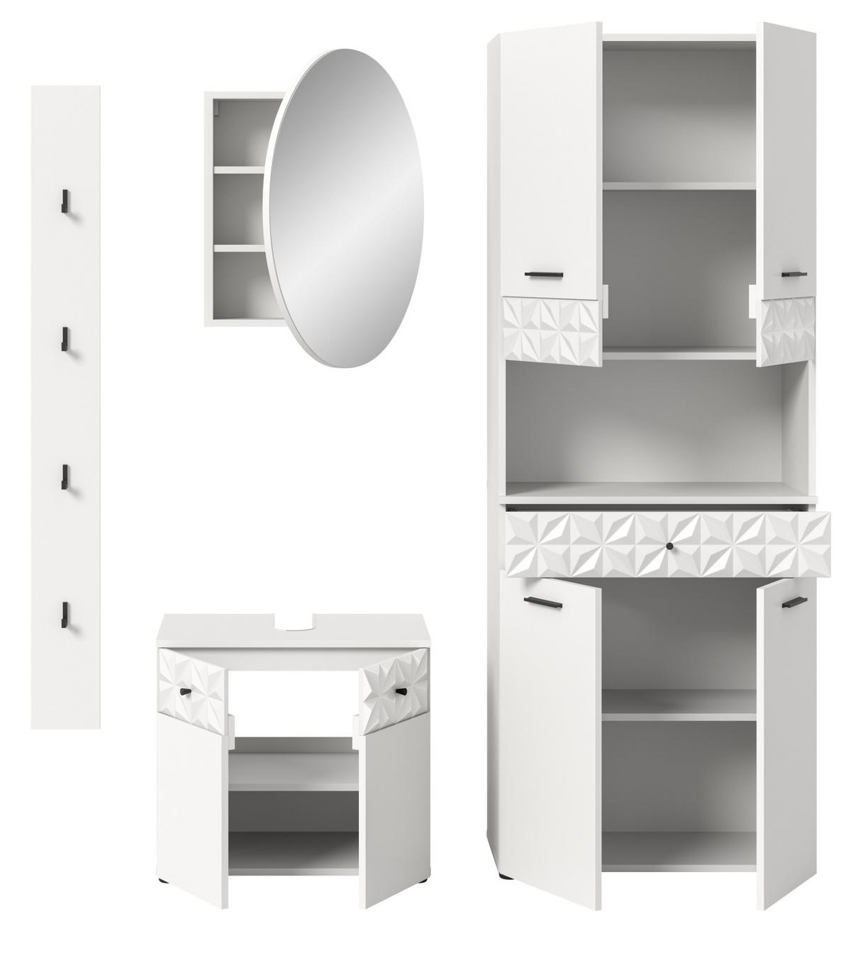 BADMÖBEL-SET weiß Hochglanz 4-teilig 186 cm, Komplettset mit 3D-Struktur - Weiß Hochglanz, Glas/Holzwerkstoff (186/187/37cm) - Inn.Furn