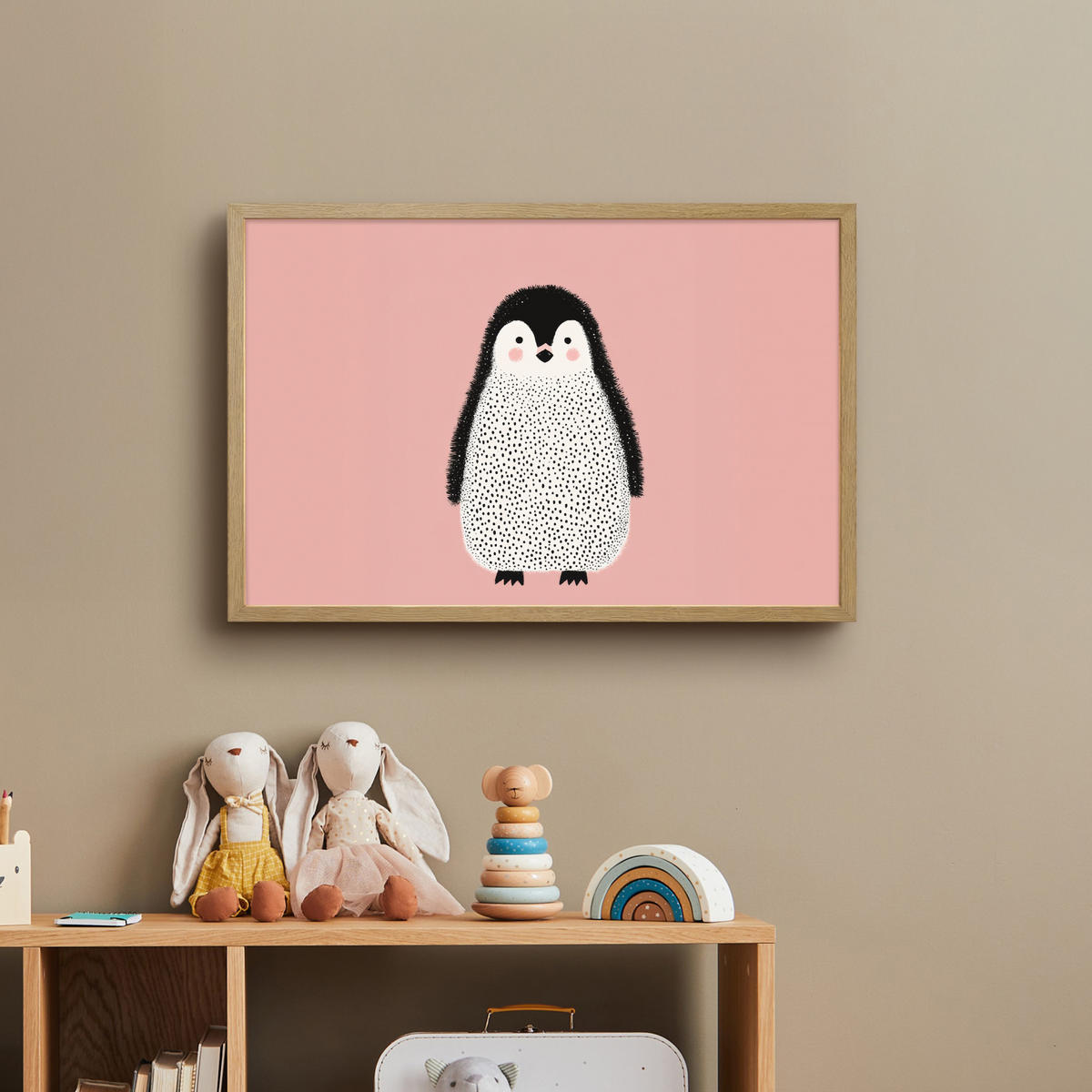 DOBÍJECÍ NOČNÍ LAMPIČKA Tučňák - Tečky - Minimalistický - Růžový 60x40 cm - růžová, kompozitní dřevo (8/60/40cm) - OnlyWow