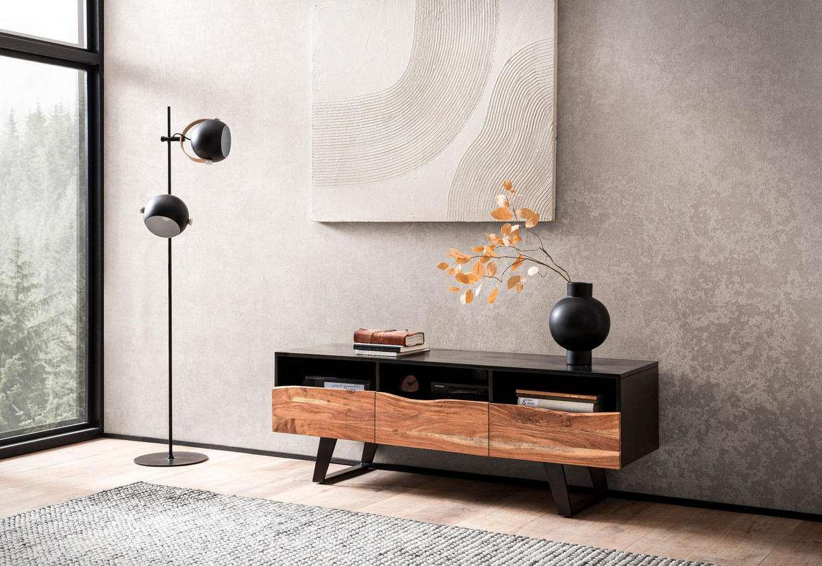 LOWBOARD Akazie Massivholz Modern Stil 140x50x40 cm Baumkante mit Schublade und Türen - Schwarz, Holz/Metall (140/50/40cm) - KADIMA DESIGN