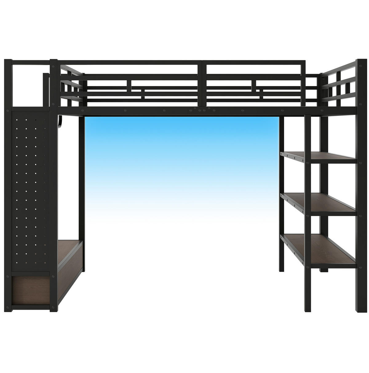 HOCHBETT 140/200 cm mit offenem Kleiderschrank, Regalen, Lochwand und LED-Beleuchtung, Schwarz - Schwarz, Holzwerkstoff (140/200cm) - Redom