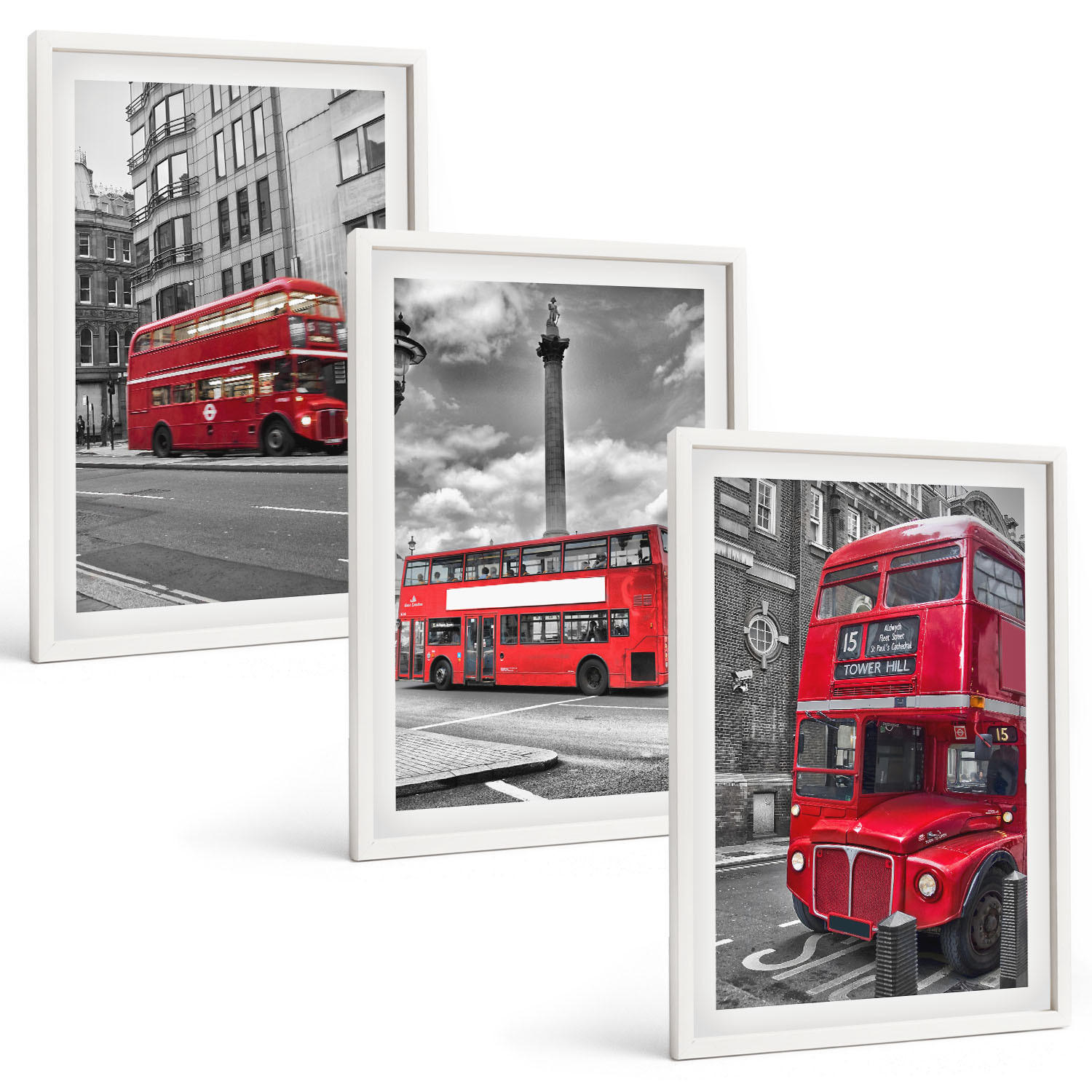 BILDER SET 3er Set - 40x60 cm Weißer Rahmen - Rote Busse in London - Weiß, Kunststoff (40/60cm) - TULUP