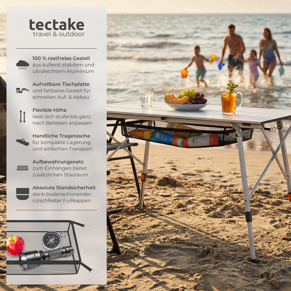 CAMPINGTISCH Tina,90 x 52 x 47 - 70 cm,silber - Silberfarben, Metall (90/52/70cm) - tectake