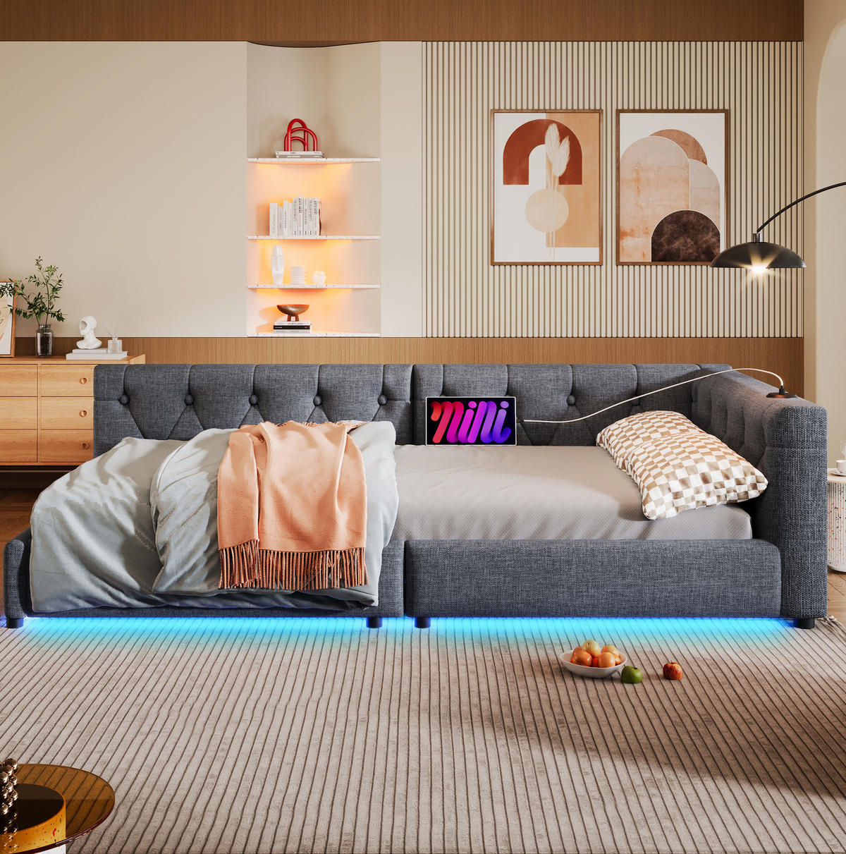 POLSTERBETT mit LED-Beleuchtung 90/200 cm mit gepolstertem Kopfteil und Lattenrost - Grau, Textil (90/200cm) - BEAOK