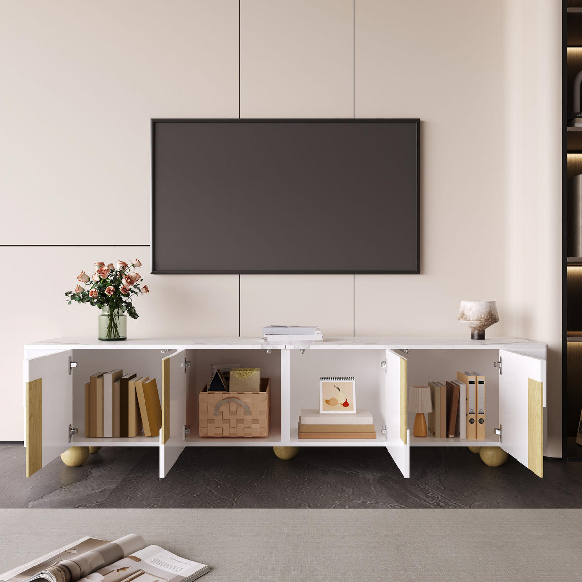 TV Lowboard 180 cm, 4 Türen, Marmoroptik, Kugelfüße, Weiß - Weiß, Holz (180/44/40cm)
