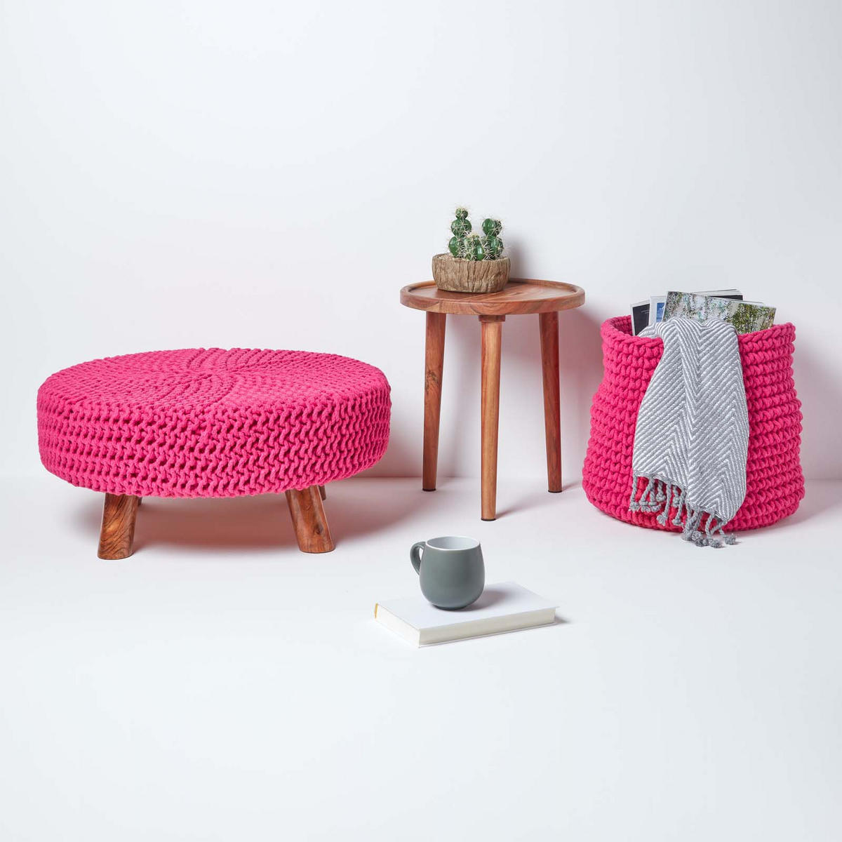 STRICK-HOCKER pink, rund 62/62/30 cm - Pink, Textil (62/30/62cm) - Homescapes