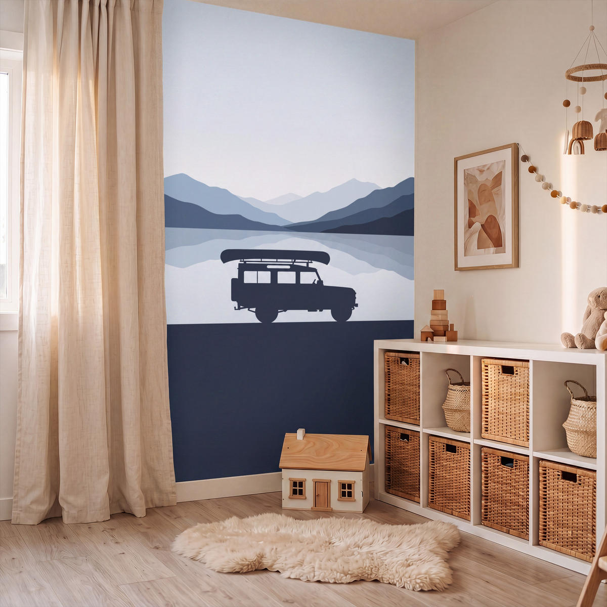 KINDERTAPETE - Auto - See - Berge - Blau - 120x200 cm - Blaugrau, Papier (120/200cm) - OnlyWow