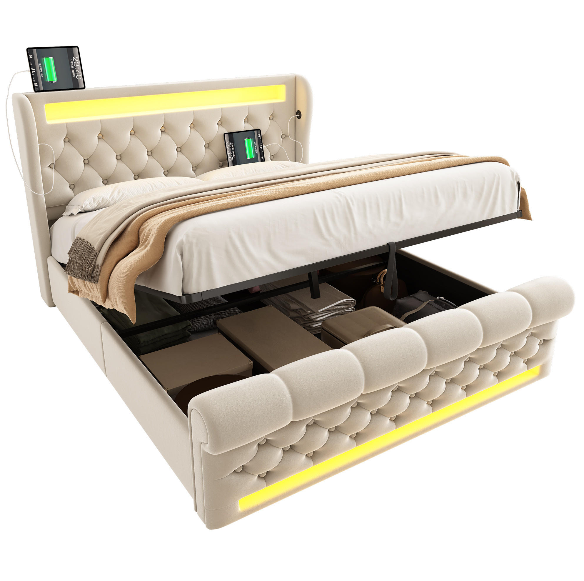 Redom ČALOUNĚNÁ postel 140/190 cm, samet, s LED osvětlením, USB a USB-C nabíjením a hydraulickým úložným prostorem, Béžová