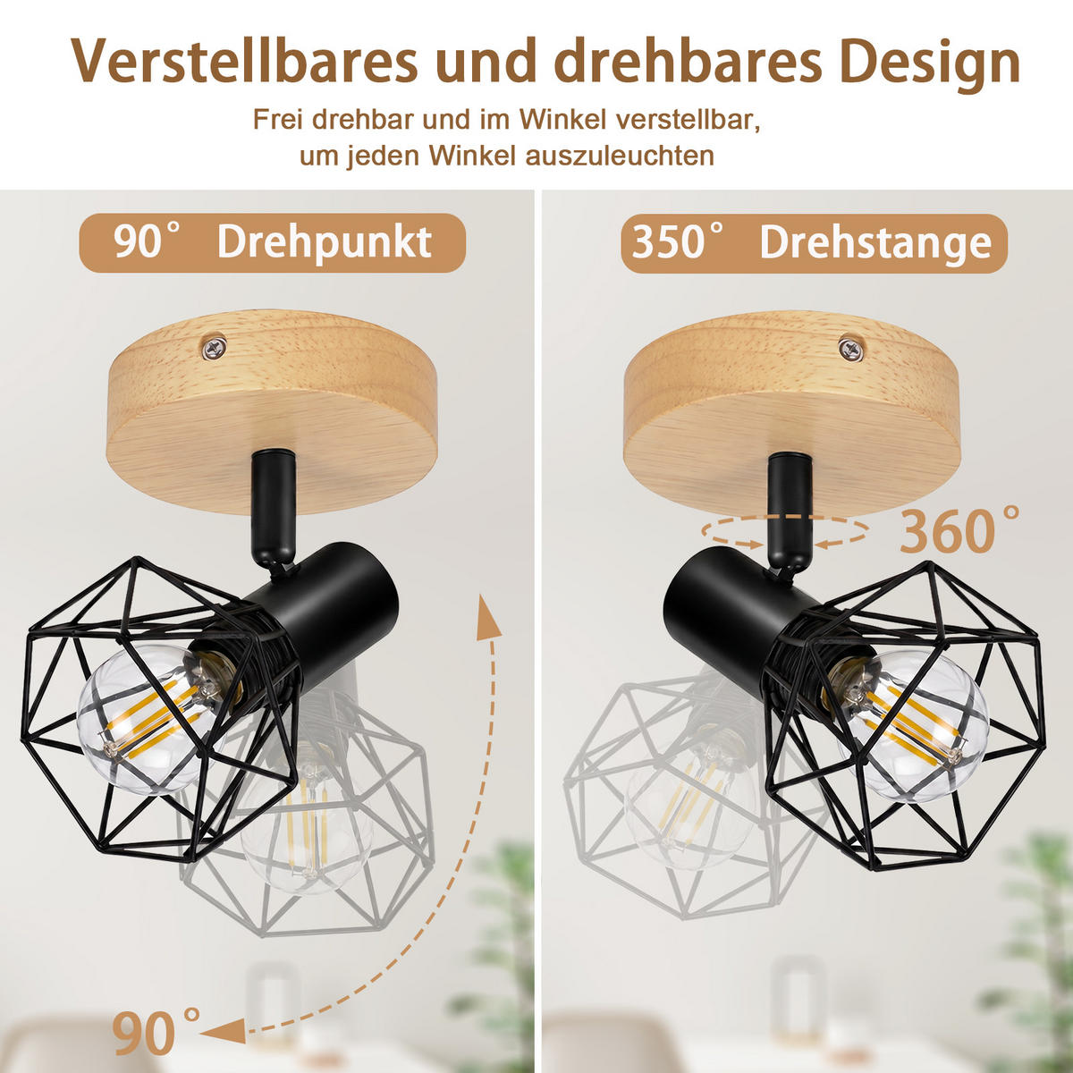 DECKENSTRAHLER Cynthveth 11.5/9.2/12.8 cm - Schwarz/Braun, Holz/Metall (11.5/9.2/12.8cm) - ZMH