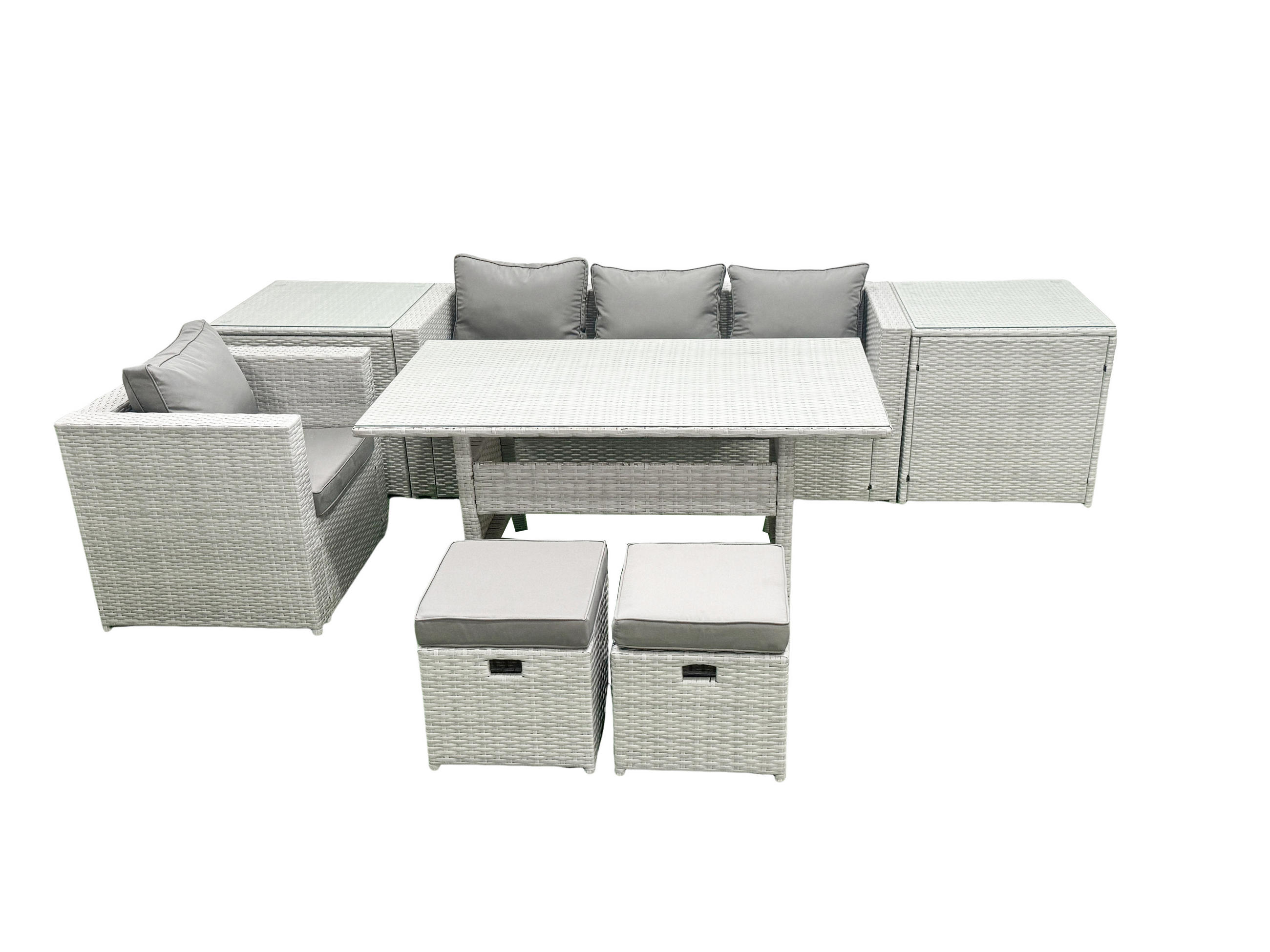 GARTENSET mit Esstisch,Sofa,2 Beistelltischen,Stuhl Polyrattan Hellgrau 6-Sitzer - Hellgrau/Grau, Glas/Kunststoff - Fimous