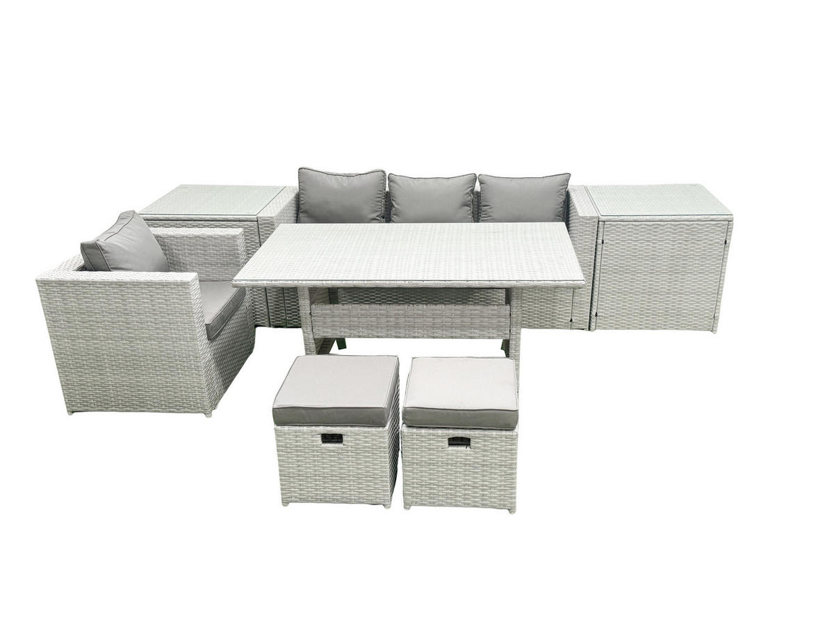 GARTENSET mit Esstisch,Sofa,2 Beistelltischen,Stuhl Polyrattan Hellgrau 6-Sitzer - Hellgrau/Grau, Glas/Kunststoff - Fimous