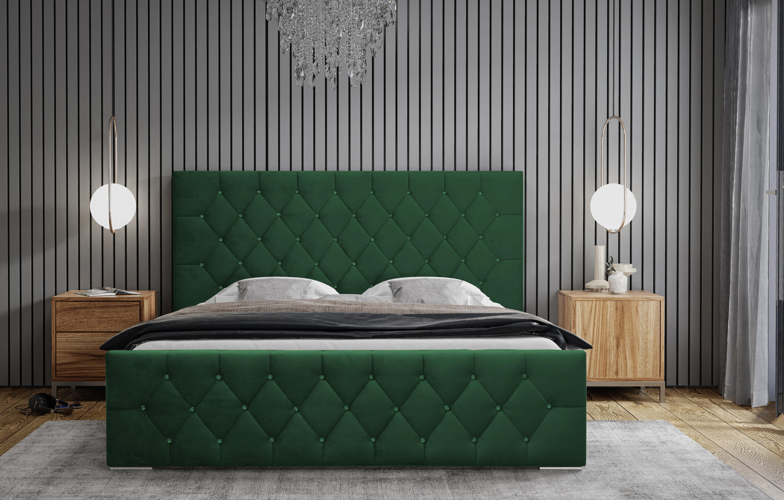 POLSTERBETT Modernes Polsterbett Mona I, elegantes Kopfteil, praktischer Bettkasten, Stoff Abriamo 200x200 cm, grün. - Schwarz/Grün, Holzwerkstoff/Kunststoff (200/200cm) - DomoHome
